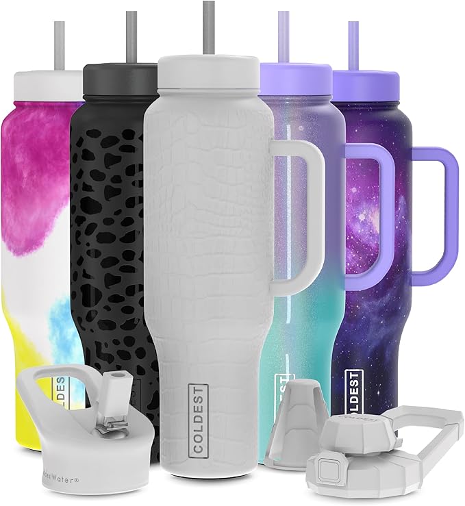 Coldest 40 oz Tumbler with Handle and Straw - 100% Leak Proof Insulated Tumbler with Lid and Straw (3 Lids) - Stainless Steel Tumblers for Women & Men - Cup Holder Friendly Base, 46 oz (White Croc)