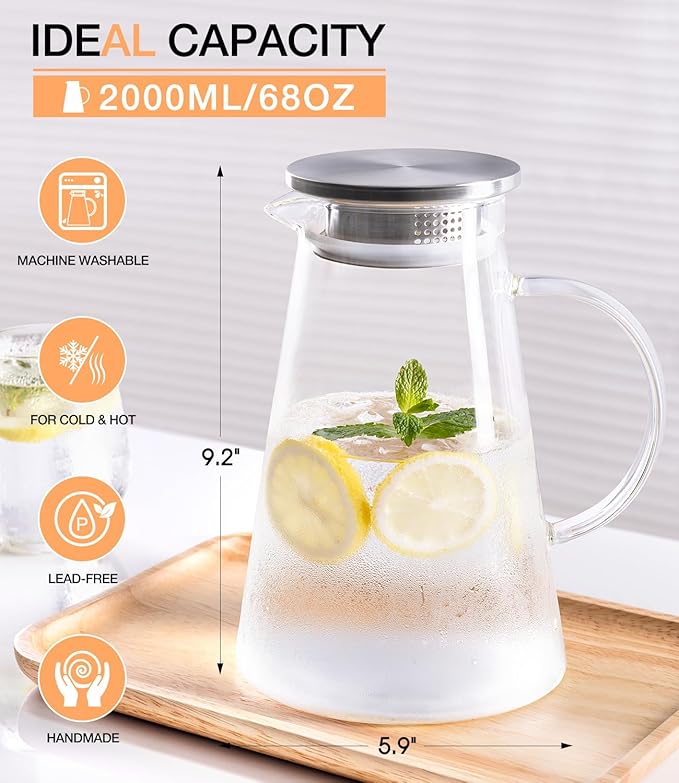 Glass Pitcher with Lid and Handle, 2 Liter 68oz Water Pitcher with Spout for Fridge, Borosilicate Glass Jug for Hot/Cold Drink, Large Ice Tea Carafe for Juice, Coffee, Sangria, Beverage