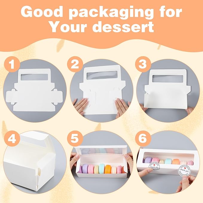 100 Pack White Macaron Boxes with Clear Window, Pastry Boxes with 100 Pcs Stickers, Packaging for 6-10 Macarons, Cookies, Truffles, Wedding DIY Gift Giving, 8x3x2 Inches