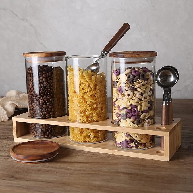 KKC HOME ACCENTS Sealed Glass Containers with Airtight Wood Lids and Scoops for Kitchen Counter,Sealed Jars for Flour,Brown Sugar,Loose Leaf Tea,Coffee Bean or Ground Coffee,39 Fluid-oz