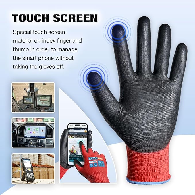 KAYGO Safety Work Gloves PU Coated for Men and Women- KG11P,12 Pairs,Seamless Knit Glove with Two Fingers Touchscreen,Ideal for General Duty Work (Red,XL)