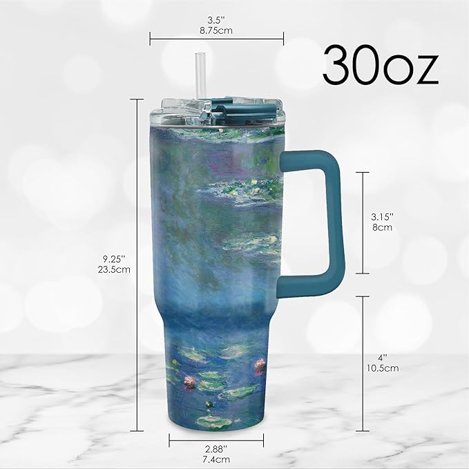 RainCaper 18/8 Stainless Steel Insulated Water Tumbler with Straw | 30oz, BPA-Free, Double Wall for Hot & Cold | Travel-Friendly, Cup Holder Ready (Monet Water Lilies)