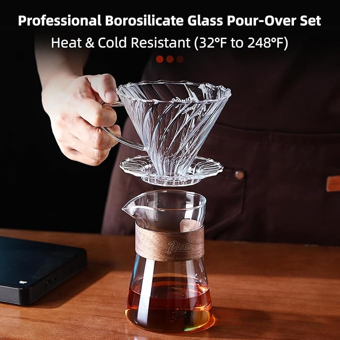 Pour Over Coffee Maker Set, Drip Coffee Maker, Included Borosilicate Glass Coffee Carafe & Coffee Dripper & 50 Pcs Size 02 Paper Filter, 16oz(500ml) (Clear Set)