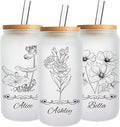 Mason Life Personalized Glass Cup with Name-Can Shaped Glass with Lids and Straws-18OZ Iced Coffee Cups (Birthflower)