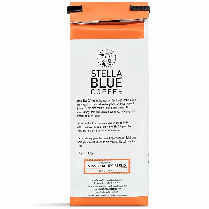 Stella Blue Ground Coffee, Miss Peaches Blend, Medium Roast, Citrus, Caramel and Fruity Notes, 100% Arabica, Ethically Sourced from Central and South America, 12 oz bag