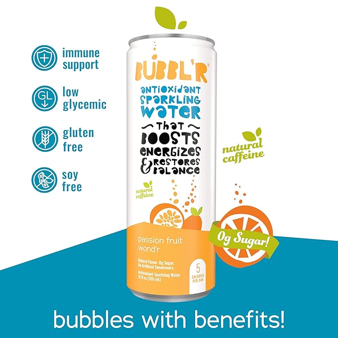 BUBBL'R passion fruit wond'r, Antioxidant Sparkling Water with Natural Caffeine, 0g Sugar, Gluten Free, All Natural Flavors, 12 Fl Oz Cans, 12 Count