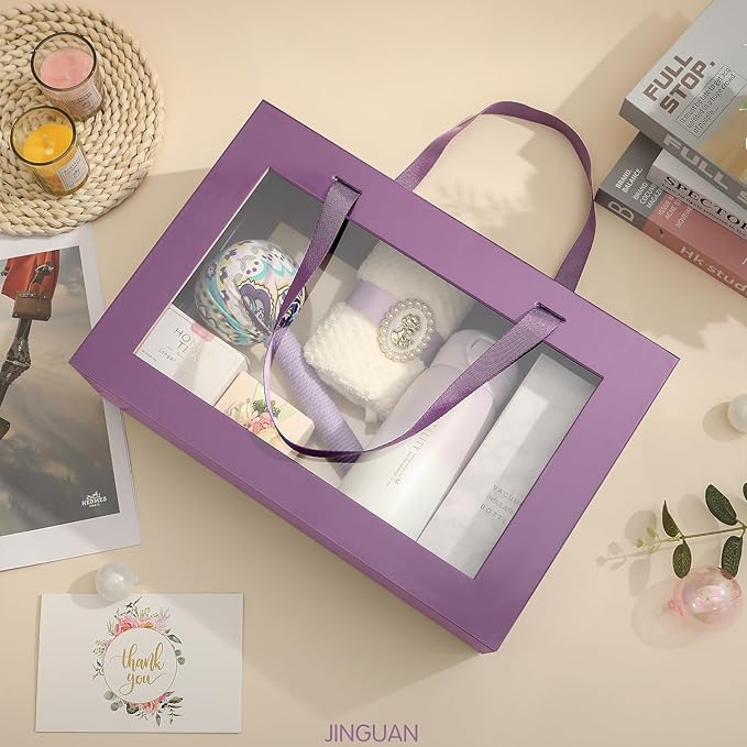 Large Purple Clear Gift Box, 13.5x9x4.1 Inches Gift Box with Window by Handle, Bridesmaid Proposal Box, Collapsible Gift Box with Magnetic Closure (Glossy Purple, 1 Pack)