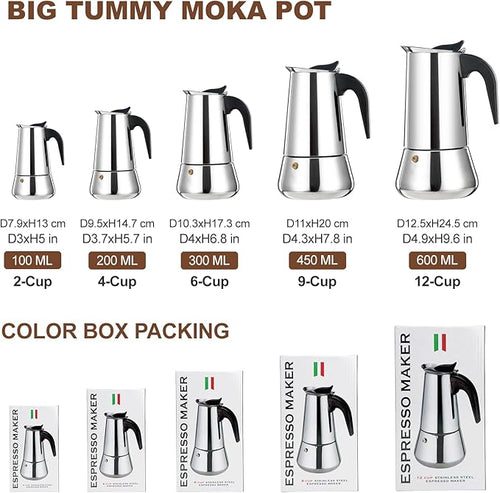 12 Cup Stovetop Espresso Maker Stainless Steel Moka Pot Stove Top Percolator Italian Coffee Makers Capable Mocha Greca Machine Cafe Classic Induction Cookers for Home and Camping 600ml 20oz