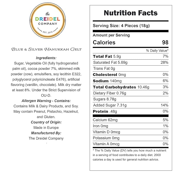 The Dreidel Company Blue & Silver Hanukkah Milk Chocolate Coins, Hanukkah Design Gelt, Gluten Free, Non GMO, Kosher Certified OU-D (500-Pack)