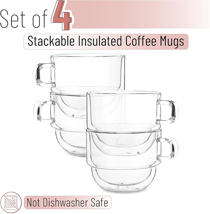 BTaT- Stackable Insulated Coffee Mugs, 4 Pack 12 oz(350 ml), Ideal for Hot and Cold Drinks, Stackable Cappuccino Cups, Double Wall Glass Coffee Cups, Tea Cups, Latte Cups, Latte Mug