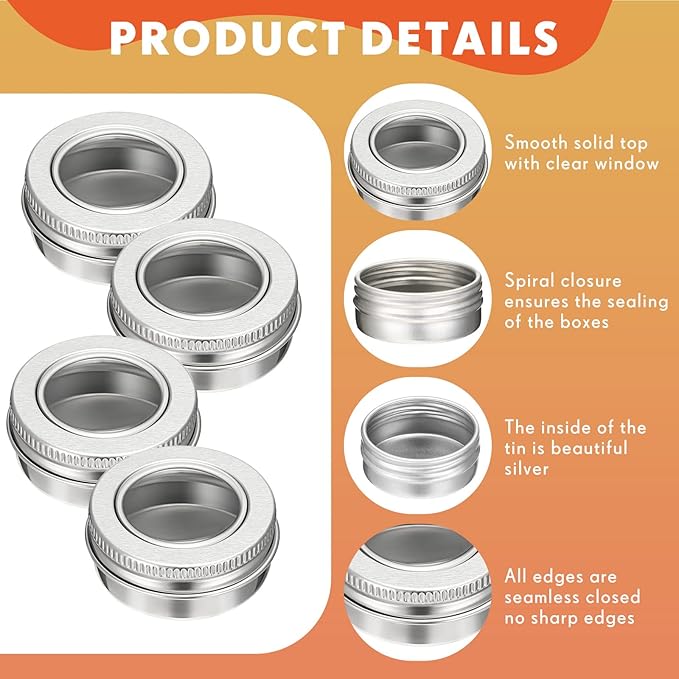 Zubebe 100 Pcs Aluminum Tin Jar Refillable Containers Clear Top Screw Lid Round Tin Container Bottle for Cosmetic, Cream, Diamond Painting, Salves, Balms, Lip Balm, Spices or Others, Silver (2 oz)