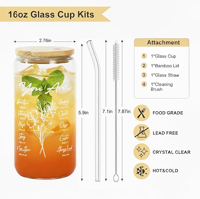 Christian Gifts For Women, Bible Verse Glass Cup with Lid & Straw 16oz Coffee Mugs Tumbler for Birthday Thanksgiving Christmas Gift for Mom Wife Sister Friends Teen Girls