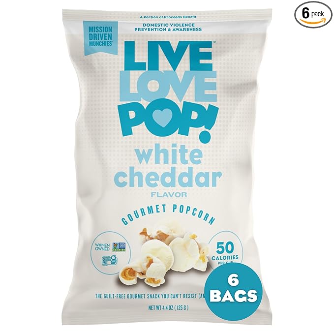 Live Love Pop White Cheddar Flavored Gourmet Popcorn, 4.4 Oz (Pack of 6), Healthy Snack, Gluten Free, Vegan & Non-GMO, Mission Driven Munchies