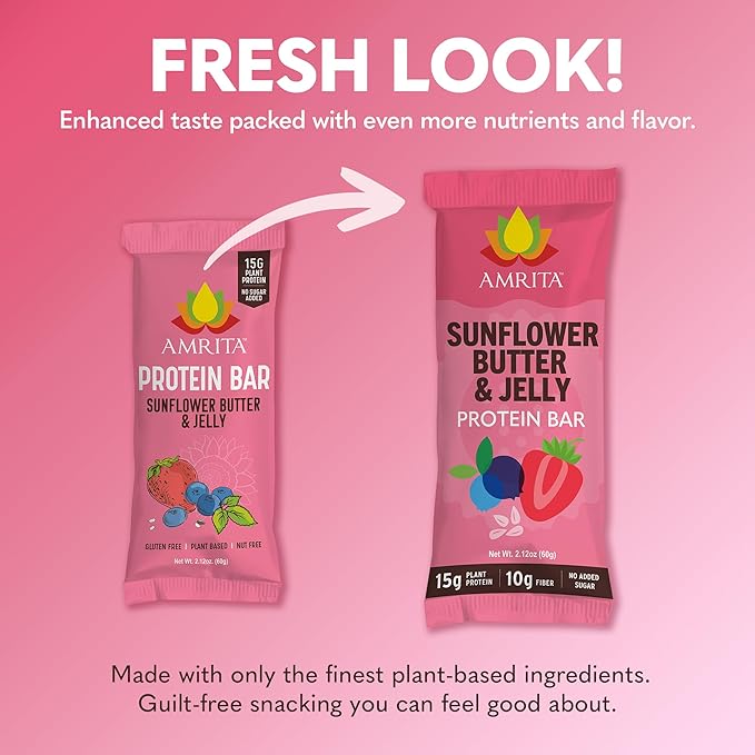 Amrita Nut Free Sunflower Butter & Jelly Vegan Protein Bars (12 Count) | 15g Plant-Based Protein Bar | Peanut Free, Gluten Free, and Dairy Free | Low Sugar, High Fiber, Healthy School-Safe Snacks