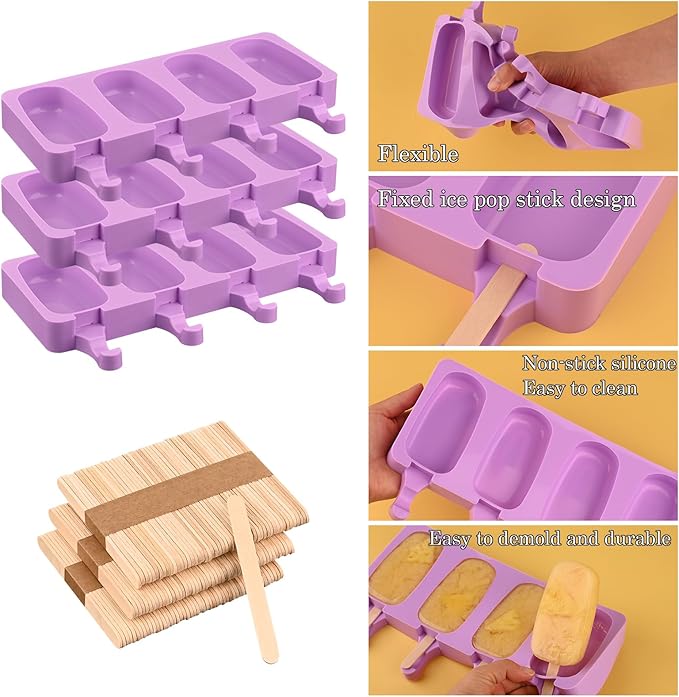 Sakolla Silicone Popsicle Molds Set of 3, Large Oval 4 Cavities Homemade Ice Pop Molds with 150 Wooden Sticks for Ice Cream, Cakesicles, Cake Pop (Purple)