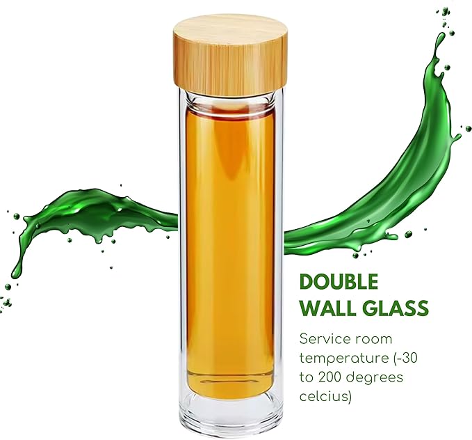 15oz Double Wall Glass Water Bottle with Bamboo Lid and Tea Infuser – Insulated, Leak-Proof, and Eco-Friendly Travel Tea Mug with Filter for Hot or Cold Beverages