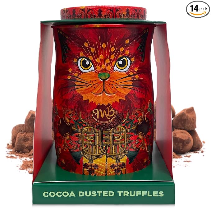 Monty Bojangles Cocoa Dusted Chocolate Truffles Cat Tin (Fire Dancer - 4.7oz) Orange Angelical Flavored Luxury Chocolatey Truffles - Collectable Cat Tin, Chocolate Gift Box With Bespoke Design