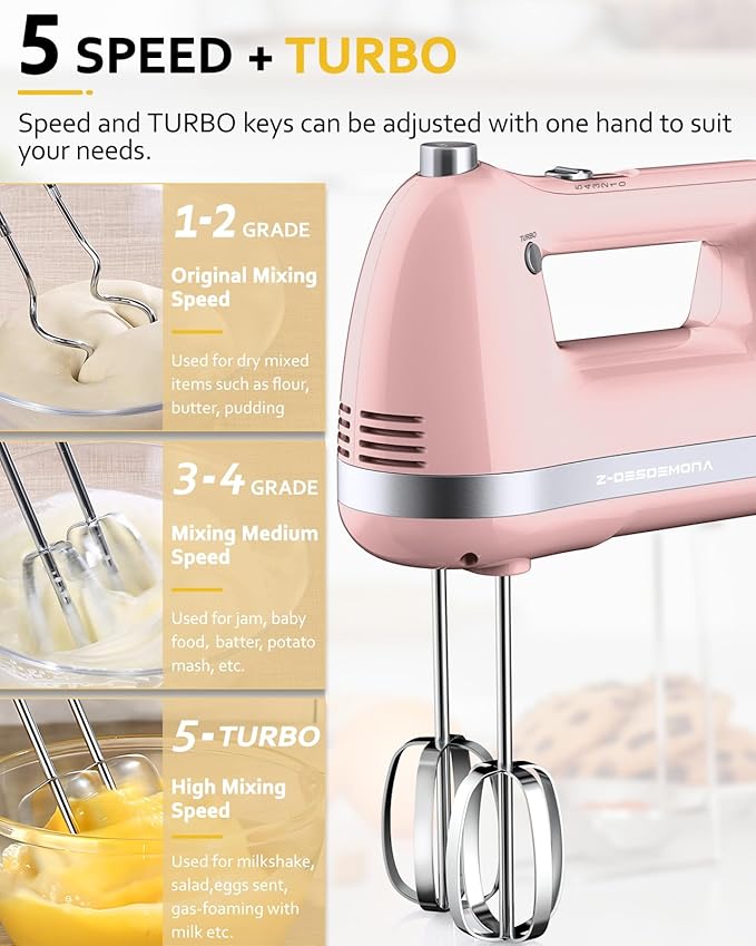 Electric Hand Mixer, Powerful 300W Hand Mixer Electric Handheld with 304 Beaters, Dough Hook,Hand Held Mixer with Turbo for Baking Cakes, Eggs, Cream Food(Pink)