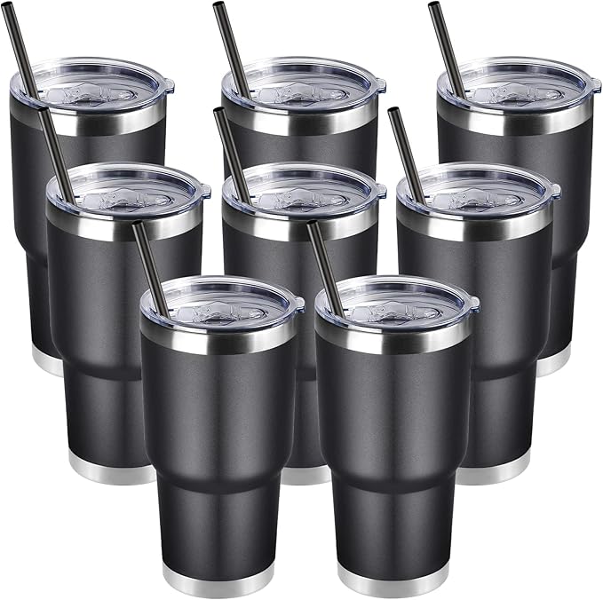 DOMICARE 30oz Tumbler Bulk with Lid and Straw, Double Wall Travel Coffee Mug, Insulated Vacuum Stainless Steel Tumblers, Powder Coated Tumbler Cup (Black, 8)