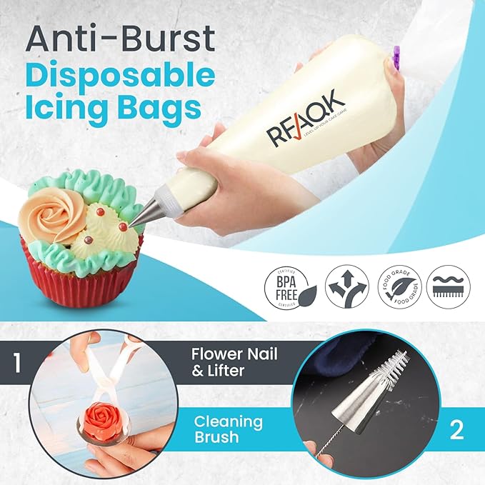 RFAQK 74 PCs Icing Piping Bags and Tips Set, Cake Decorating Kit with 48-Numbered Piping Tips, 20+1 Pastry Bags for Cookie Cupcake Cake Decoration, Cake Decorating Tips Set with Booklet and E-book