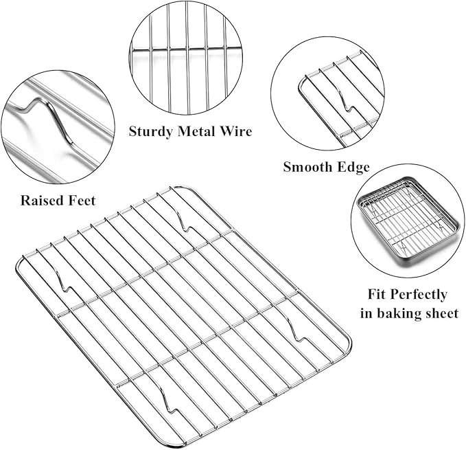 Wildone Baking Sheet with Rack Set [2 Sheets + 2 Racks], Stainless Steel Cookie Pan baking Tray with Cooling Rack, Size 9 x 7 x 1 Inch, Non Toxic & Heavy Duty & Easy Clean