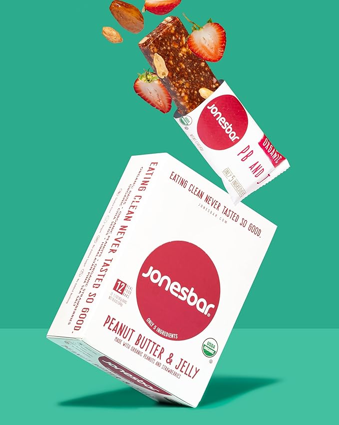 JONESBAR (Peanut Butter & Jelly, 4 Count (Pack of 1)), USDA Organic Fruit & Nut Bar, Non-GMO, Kosher, Vegan, Gluten Free, Simple Snack Bar