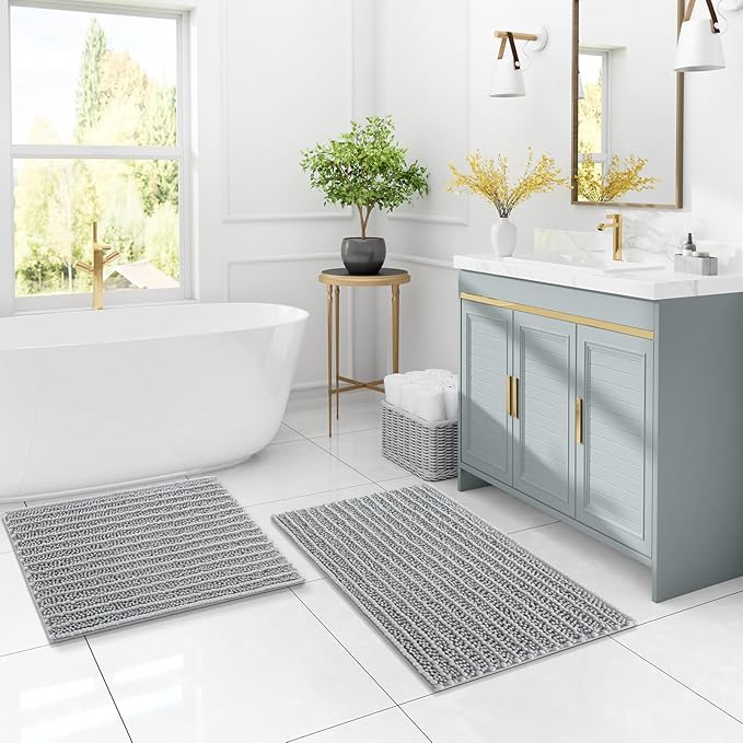 Arotive Luxury Chenille Bathroom Rug Mat, Extra Soft Thick Absorbent Shaggy Bath Rugs, Non-Slip Machine Wash Dry, Plush Bath Mats for Bathroom, Shower and Tub, 30x17, Light Grey