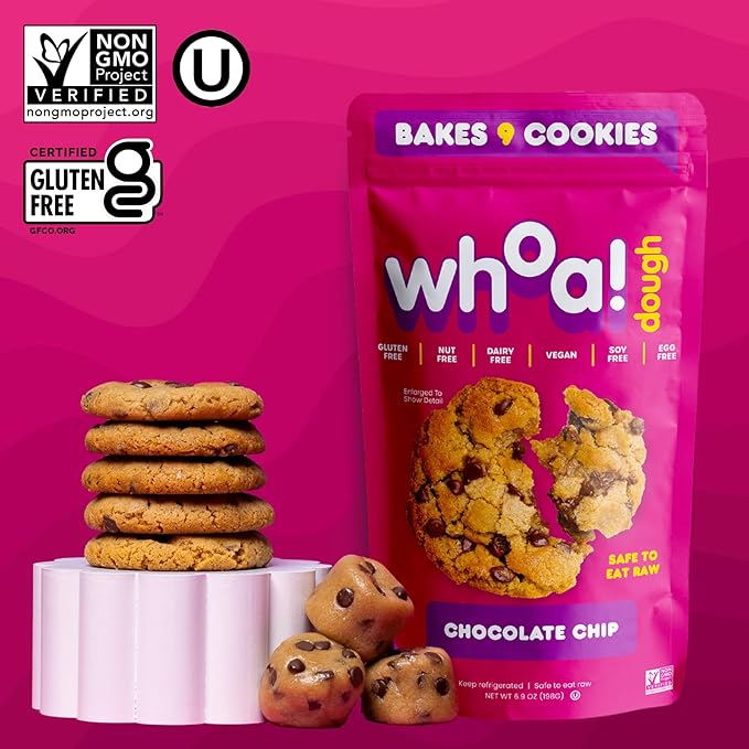 Whoa Dough Ready to Bake Cookie Dough Chocolate Chip – Certified Non-GMO, Kosher, Gluten Free – Plant-Based Snack Dough Made with Real Ingredients – 24 Pack