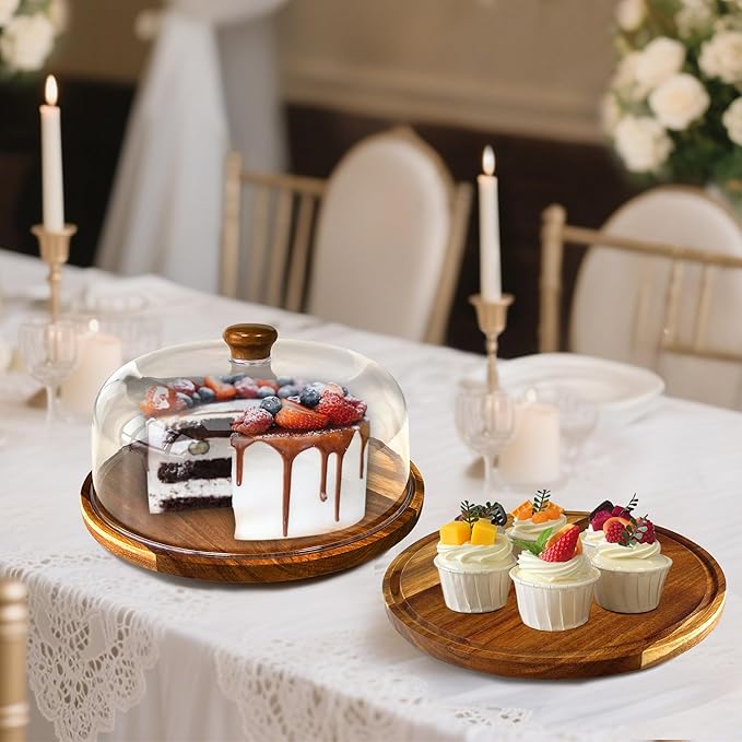 Rotating-Wood-Cake-Stand With Acrylic Dome Lid, Round Wooden Cake Holder Plate With Cover, 2-in-1 Dessert Table Display Set For Party, Charcuterie Board For Cheese, Chips & Dips, Nachos, Fruit Platter