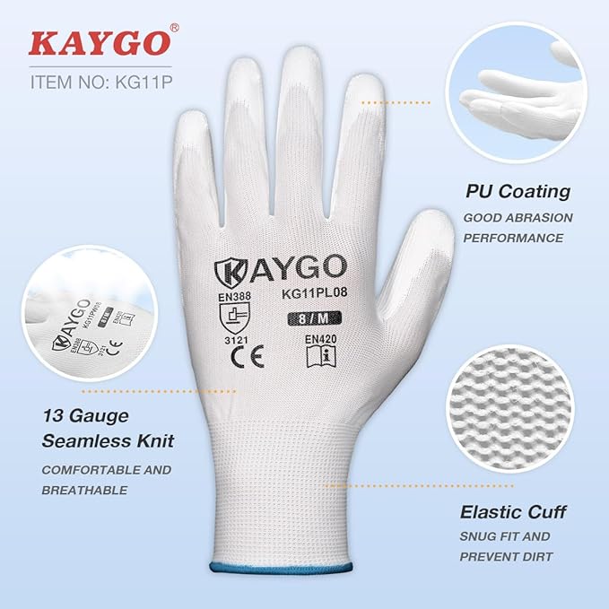 KAYGO Safety Work Gloves PU Coated-12 Pairs, KG11PB, Seamless Knit Glove with Polyurethane Coated Smooth Grip on Palm & Fingers, for Men and Women, Ideal for General Duty Work (Large, White)