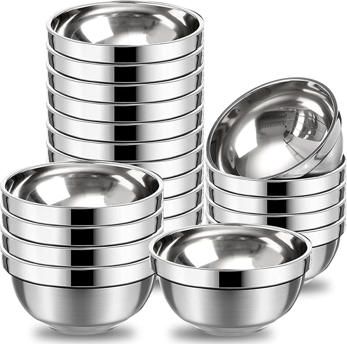20 Pack Stainless Steel Bowls Set, 17 oz Double Walled Insulated Metal Bowl Bulk for Rice Soup Ice Cream Snacks Salad Cereal Sauces Serving, Easy to Clean, Stackable, 5.1 x 2.6 Inch