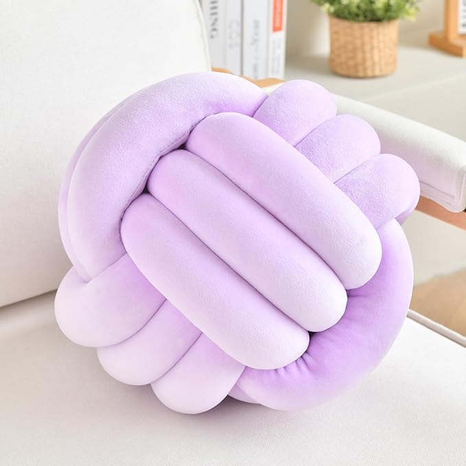 Decorative Throw Knot Pillow Ball for Home Chair Sofa Couch Bed Aesthetic Round Velvet Knotted Pillow Cushion (Purple, 8 inches)