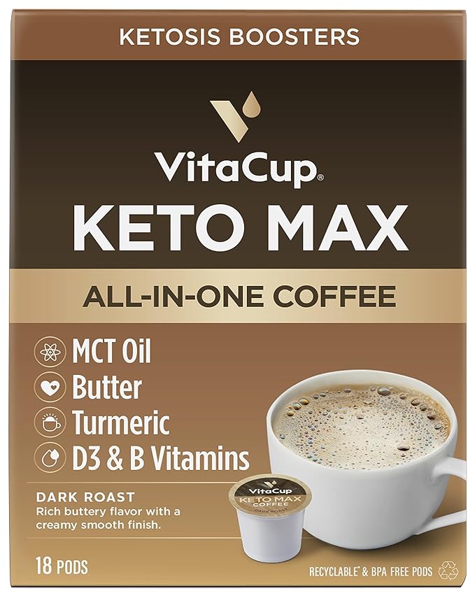 VitaCup Keto Max Dark Roast Coffee Pods, Ketosis & Energy, Butter, MCT Oil, Turmeric, B Vitamins, D3, All-In-One Keto Recyclable Single Serve Pod Compatible w/Keurig K-Cup Brewers,18 Ct