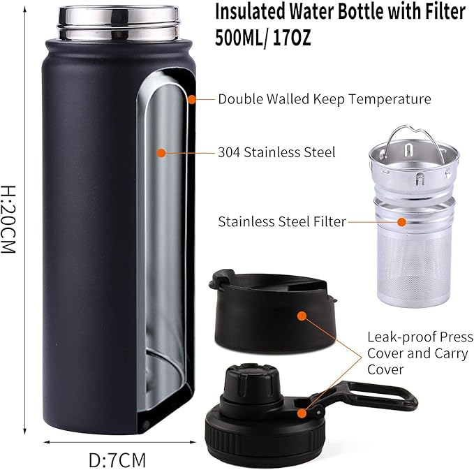 Tea Infuser Bottle With Removable Loose Leaf Tea Strainer Cup 18/8 Stainless Steel Insulated Travel Tea Tumbler Black
