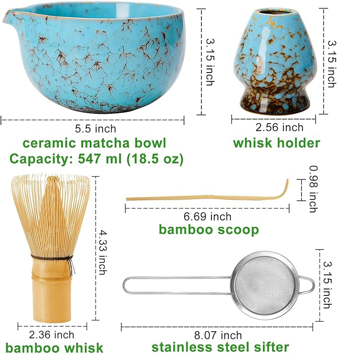 MONOJOY Matcha Whisk Set Ceramic Bowl with Spout Includes Chasen and Holder, Bamboo Scoop, Sifter Kit, Ceremonial Matcha Tea Cute Making Tool Gift Perfect for Matcha Latte Lovers | Beginners, 5pcs