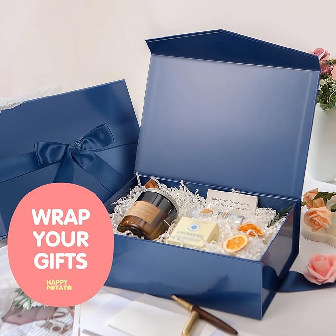HAPPY POTATO 5 Large Gift Boxes withLid and Ribbon 11.5x8.1x3.8 Inches, Groomsmen Proposal Boxes, Magnetic Blue Gift Boxes for Presents (Glossy Blue, Pack of 5)