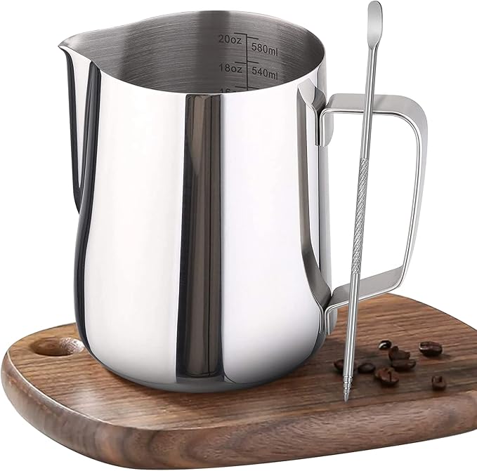 Milk Frother Pitcher 20 OZ，Espresso Milk Frothing Pitcher, Milk Steamer Cup Steaming Pitcher, Stainless Steel Coffee Froth Cup with Latte Art Pen for Coffee Cappuccino (Silver)