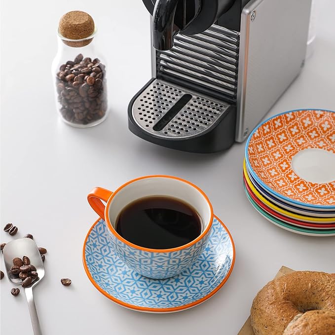 Selamica Ceramic 8 oz Cappuccino Cup Set with Saucers, Espresso Coffee Cups, Latte Macchiato for Party Cafe Home, Set of 6, Assorted Colors