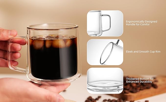 CNGLASS 15oz Double Walled Glass Coffee Mugs,Large Insulated Glass Mugs with Handle,Clear Coffee Cups for Espresso,Latte,Cappuccino,Tea,Set of 2