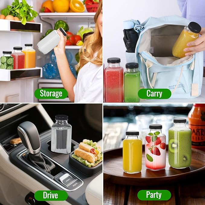 BIGIVACA 12 oz Glass Juice Bottles with Lids,6 PACK Bottles for Juicing,Square Drinking Jars Glass for Coffee,Cola,Milk,Tea in Travel,Work,School