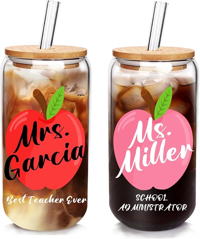 Personalized Tumbler with Name for Teacher- Glass with Lids and Straws-18OZ Iced Coffee Cups with Lids, Cute Glass Cups, Teacher Appreciation Gifts