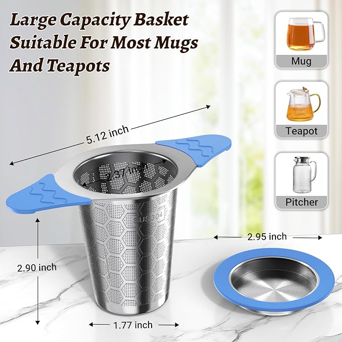 Tea Infuser for Loose Leaf Tea,18/8 Stainless Steel Tea Infuser with Heat Proof Silicone Handles,Extra Fine Mesh Tea Strainers Filter Fine Tea Leaves Effectively,Fits TeaPots/Mugs -Blue