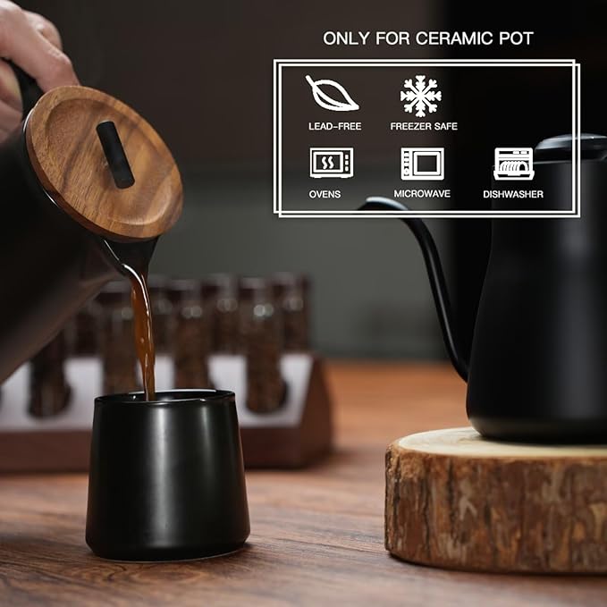 DHPO Ceramic French Press Coffee Maker, 22 Ounce Coffee Press Manual Brewer with Walnut Wood Lid, Premium Food Grade Stainless Steel Filter with Dual Screen for Coffee and Loose Tea, Gift Box, Black