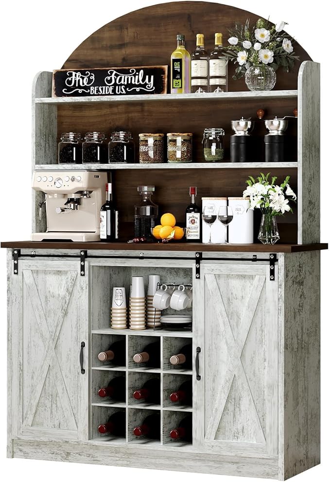 4 EVER WINNER Coffee Bar with 3-Tier Storage, 67" Coffee Bar Cabinet with Sliding Barn Doors & Wine Rack, Kitchen Hutch Cabinet for Living Room, Dining Room, Grey