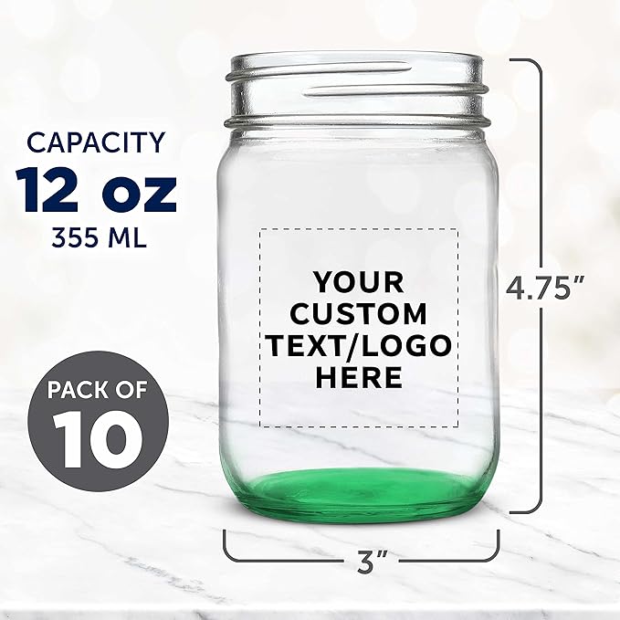 DISCOUNT PROMOS Custom Decorating Mason Jars 12 oz. Set of 10, Personalized Bulk Pack - Glass Jars for Overnight Oats, Candies, Fruits, Pickles, Spices, Beverages - Green