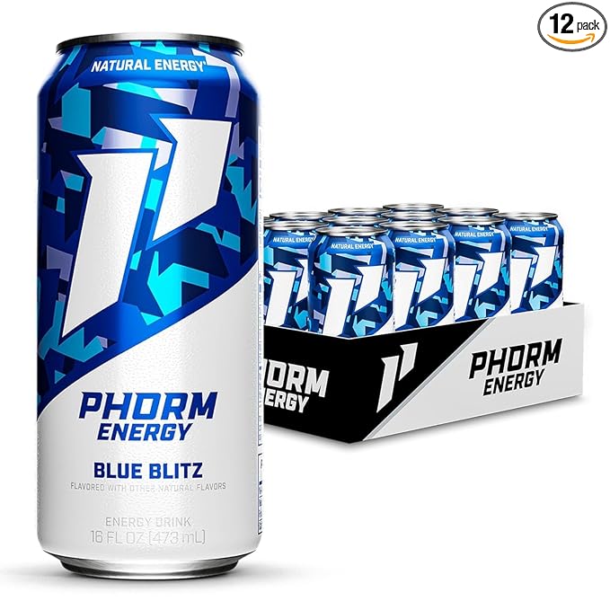 Phorm Energy Drink, Blue Blitz Flavor, 200 MG Natural Caffeine From Green Tea, Sugar Free Carbonated Drink With Electrolytes & Vitamin B12, Dairy & Gluten Free, Vegan, 16 FL Oz Cans, 12 Pack