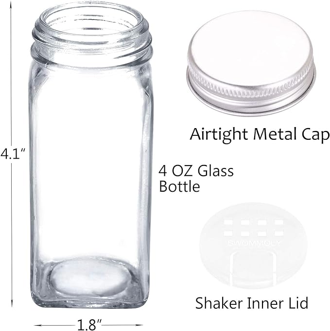 SWOMMOLY 36 Glass Spice Jars with 703 Spice Labels, Empty Square Spice Bottles 4 oz with Pour/Sift Shaker Lid, Airtight Cap, Chalk Marker and Funnel Complete Set