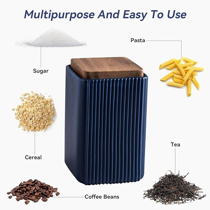 Ceramic Storage Jars Modern Elegant Highly Polished Airtight Storage Canisters with Lid Whiteware Food Stroage Jar for Kitchen Spice Tea Vanilla Sugar Coffee Beans (Blue-1000ML)