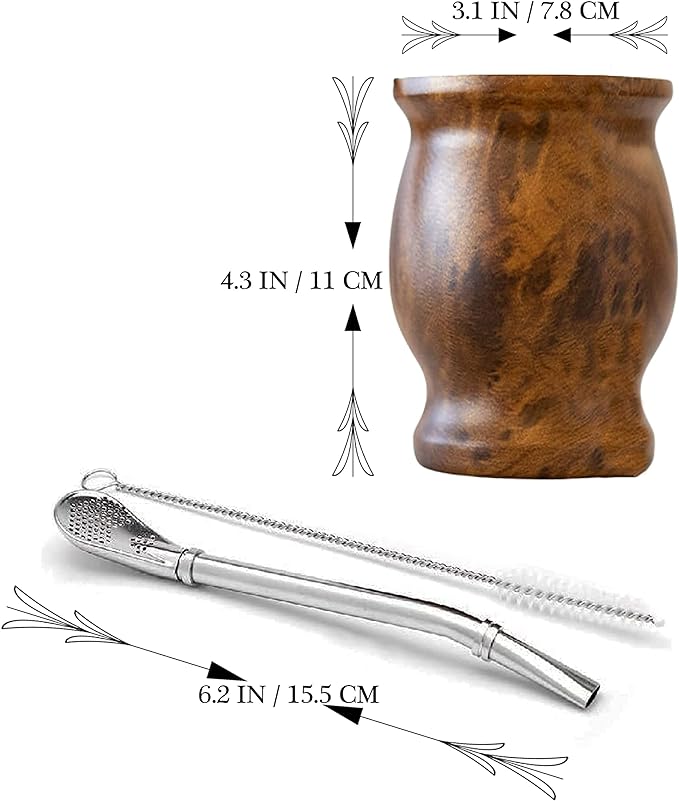 LA FEE Yerba Mate Natural Gourd/Tea Cup Set Brown (Original Traditional Mate Cup - 8 Ounces)，Includes Yerba Mate Straw & Cleaning Brush，Stainless Steel | Double-Walled | Easy to Clean (Brown)