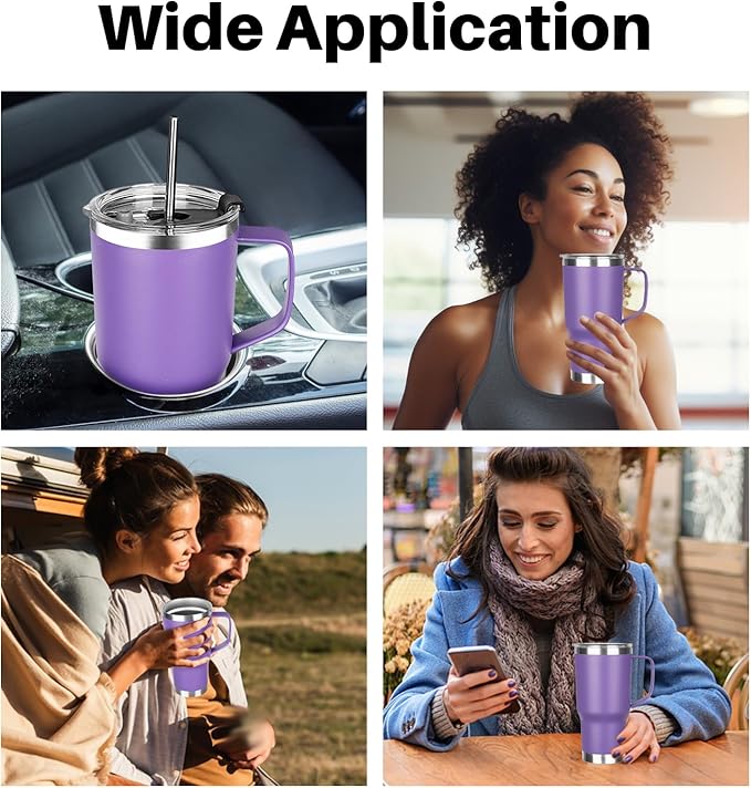 20 oz Tumbler with Handle, Stainless Steel Insulated Tumbler with Lid and Straw, Double Wall Vacuum Coffee Mug Tumbler, Insulated Coffee Thermal Cup for Cold and Hot (Purple)